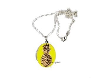 Pineapple Oval Locket in Hand Painted Yellow Enamel Trpical Summer Inspired on Sterling Silver Chain with Personalized Options