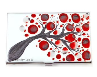 Hand Painted Blossoms Business Card Case: Red & Gray Enamel, Personalized Metal Wallet