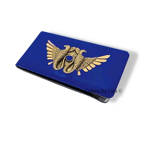 Antique Gold Eagle Wings Money Clip Pintado a mano Brillante Azul Cobalto Esmalte Vintage Estilo Egipcio con Opciones personalizadas y de color
