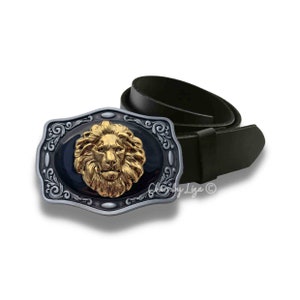 Antique Gold Lion Belt Buckle Inlaid in Hand Painted Black Opaque Enamel Vintage Style Leo Design with Custom Colors Available