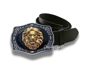 Lion Head Belt Buckle: Hand-painted Gold Enamel, Zodiac Leo  display picture 1