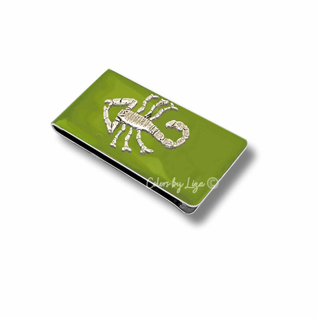 Antique Silver Scorpion Money Clip: Hand Painted Enamel