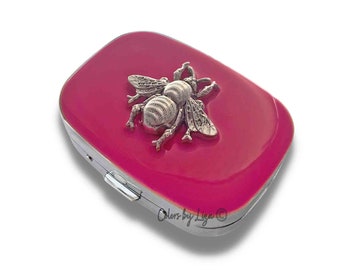 Antique Silver Bee Pill Box Inlaid in Hand Painted Glossy Fuchsia Pink Enamel Vintage Style Personalize and Color Options Available