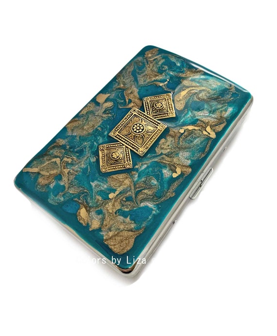 Art Deco Metal Cigarette Case in Hand Painted Turquoise and