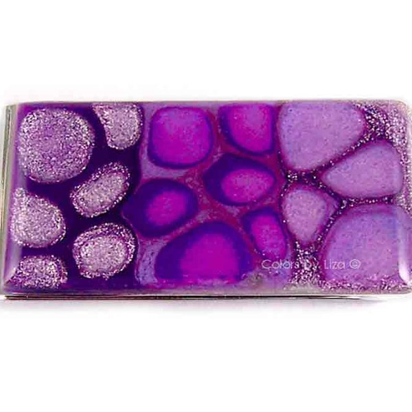 Hand Painted Money Clip in Metallic Purple and Lilac Enamel Pebbles Inspired Personalized and Color Option