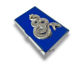 Antique Silver Snake Business Card Case in Hand Painted Cobalt Opaque Enamel Gothic Serpent Design with Personalized and Color Options