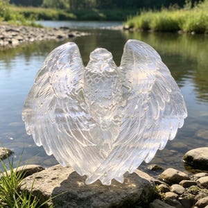May include: A clear, translucent crystal carving of an eagle with its wings spread wide. The sculpture features detailed feather textures across the wings and body, capturing light through its polished, glass-like surface in a symmetrical pose.