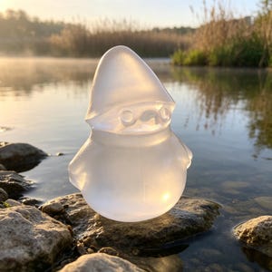 May include: A translucent, frosted glass figurine shaped like a small, rounded creature wearing a pointed hood. The object features a smooth, matte surface texture with simple, circular indentations for eyes and a subtle, rounded beak-like protrusion.