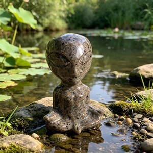 May include: A polished stone figurine of an alien in a seated meditation pose. The sculpture is crafted from a speckled brown and grey granite-like material, featuring an oversized head with almond-shaped eyes and a smooth, reflective surface.
