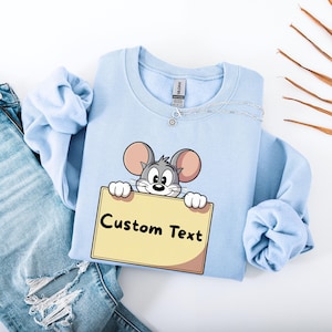 Personalized Sweatshirt Hoodie – Cute Cartoon Mouse with Sign | Custom Text Sweatshirt | Funny Gift Hoodie