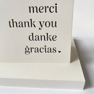 Multilingual Letterpress Thank You Card - Merci Danke Gracias - Simple Black and White - Boxed Set of Six - Modern Classic Handmade