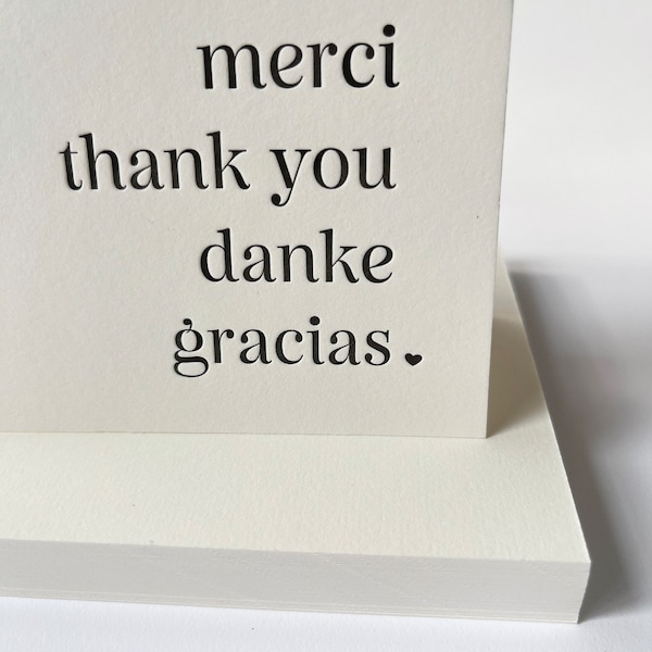 Bilingual Letterpress Thank You Card - Merci Danke Gracias - Simple Black and White - Boxed Set of Six - Letterpress Handmade