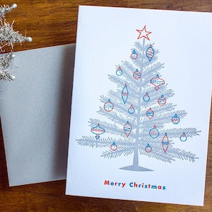 Cartes de sapin de Noël rétro argentées - Style moderne du milieu du siècle - Cartes de voeux de vacances typographiques