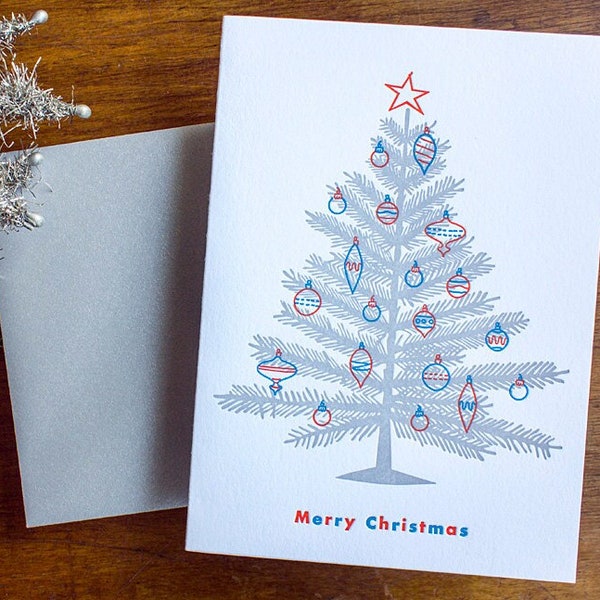 Retro Silver Tinsel Christmas Tree Cards - Mid Century Modern Style - Letterpress Holiday Greeting