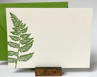 Fern Frond Flat Letterpress Note Cards - Green Stationery with Envelopes - Pack of 8 - Gift Ready with Bow - Heavy weight Cotton Paper