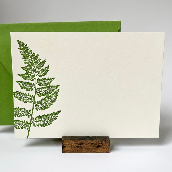 Fern Frond Flat Letterpress Note Cards - Green Stationery with Envelopes - Pack of 8 - Gift Ready with Bow - Heavy weight Cotton Paper