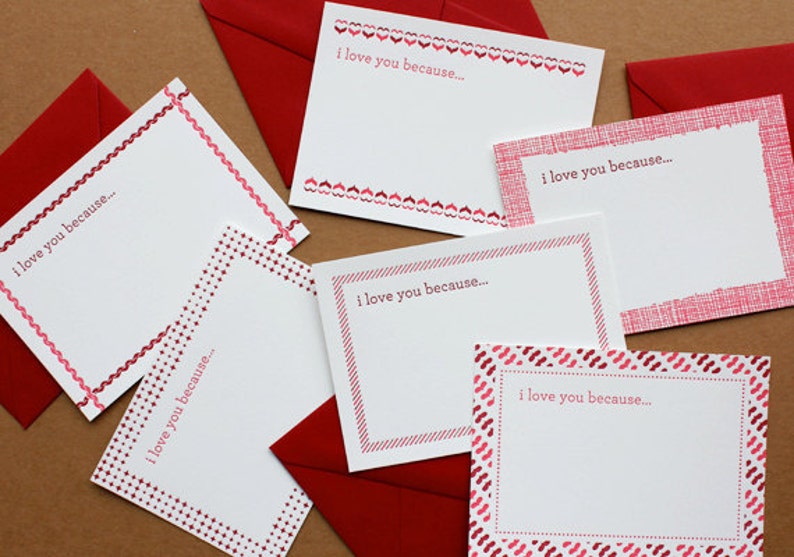 I LOVE YOU card, I love you because, sweet valentine, cute valentine card Letterpress Valentine card set of six cards image 4