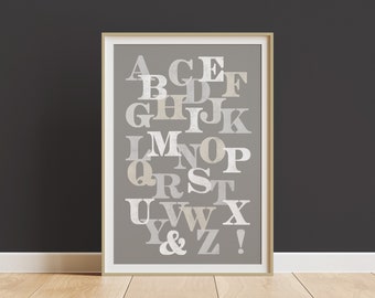 Poster alphabet neutre gris - art mural imprimable - typographie vintage type de bois - amateur de design - impression d'art typographie - téléchargement immédiat