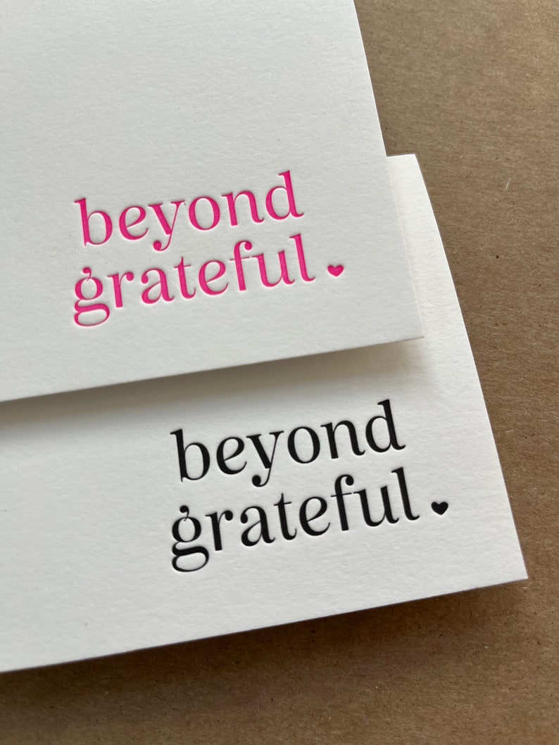Unique Letterpress Thank You Card Beyond Grateful Gratitude Pink or Black and White Boxed Set of Six image 4