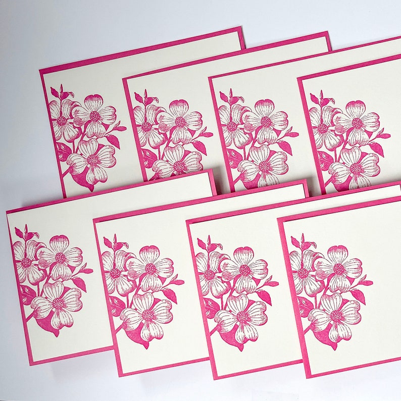 Dogwood Flower Letterpress Note Cards Pink Stationery with Envelopes Pack of 8 Gift Ready with Bow Heavy Cotton Paper image 2