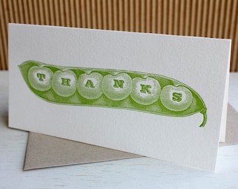 Garden Themed Note Card - Vegetable Stationery notes - Letterpress Thank You Notes - Pea Pod Veggie - Green Peas Folded Card - Letter press