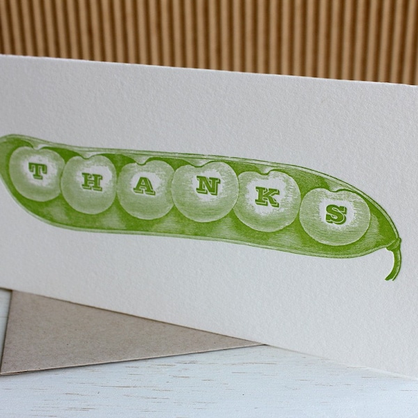 Garden Themed Note Card - Vegetable Stationery notes - Letterpress Thank You Notes - Pea Pod Veggie - Green Peas Folded Card - Letter press