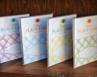 Table Place Cards  -  Picnic Plaid,  red, blue, yellow, green (set of 10) - Letterpress printed