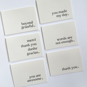 Assortiment de cartes typographiques de remerciement - Coffret mixte de 6 - Noir et blanc - Carte de gratitude - Carte de correspondance simple moderne - Classique fait main