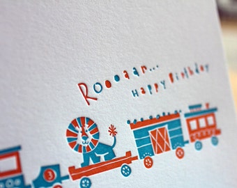 Kids Birthday Card - Circus Train with Lion Happy Birthday - Letterpress Handmade