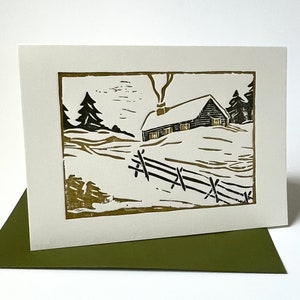 Rustic Log Cabin in the Woods Christmas Cards - Cosy and Country Letterpress Holiday Cards - Vintage Woodblock Print