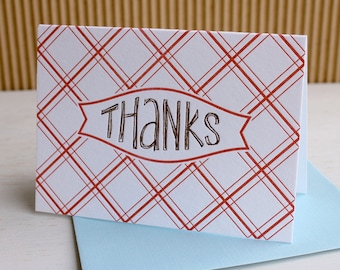 BBQ Picnic Plaid Letterpress Thank Yous with hand-drawn lettering (set of 6) - Red and Blue / SALE!!