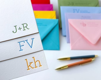 Modern Monogram Stationary - Letterpress Stationery Set - Choice of Color Envelopes