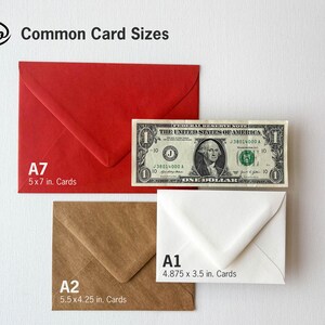 May include: A visual guide to common card sizes, showing envelopes in red, brown, and white. The sizes are labeled A7 (5x7 inches), A2 (5.5x4.25 inches), and A1 (4.875x3.5 inches).