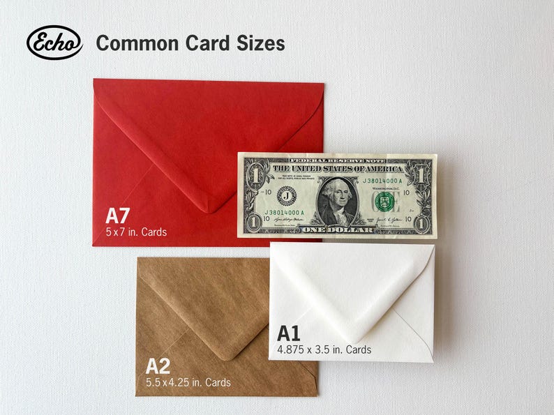 May include: A visual guide to common card sizes, showing envelopes in red, brown, and white. The sizes are labeled A7 (5x7 inches), A2 (5.5x4.25 inches), and A1 (4.875x3.5 inches).