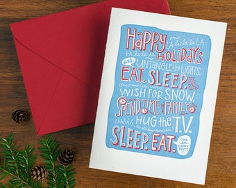 Tarjetas de Navidad únicas - Conjunto de cajas azules y rojas - Tarjetas navideñas tipográficas - Letras a mano encantadoras y divertidas - Caligrafía