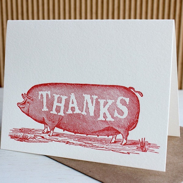 Funny Big Pig Thank You Notes, Cute Barnyard Animal, Farmers Market, Country Chic, Thanks - Letterpress