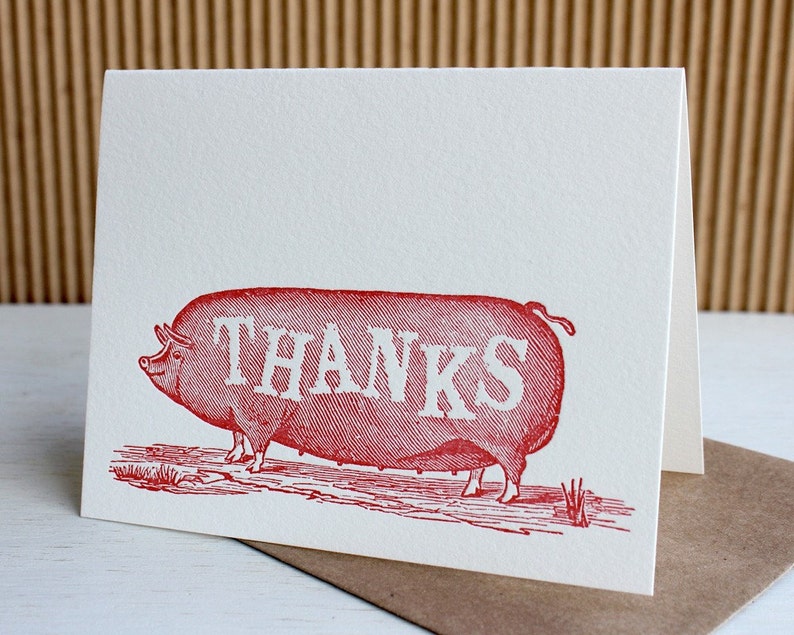 Funny Big Pig Thank You Notes, Cute Barnyard Animal, Farmers Market, Country Chic, Thanks Letterpress image 1