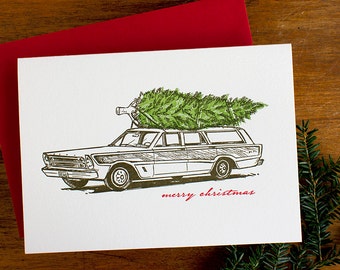 Letterpress Christmas Cards - Retro Station Wagon with Tree on Top - Vintage Style Holiday Card - 60s 70s 80s - Single or Boxed