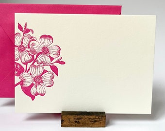 Dogwood Flower Letterpress Note Cards - Pink Stationery with Envelopes - Pack of 8 - Gift Ready with Bow - Heavy Cotton Paper