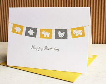 Baby Birthday Card - Farm Animals Happy Birthday - Gender Neutral - Letterpress Handmade