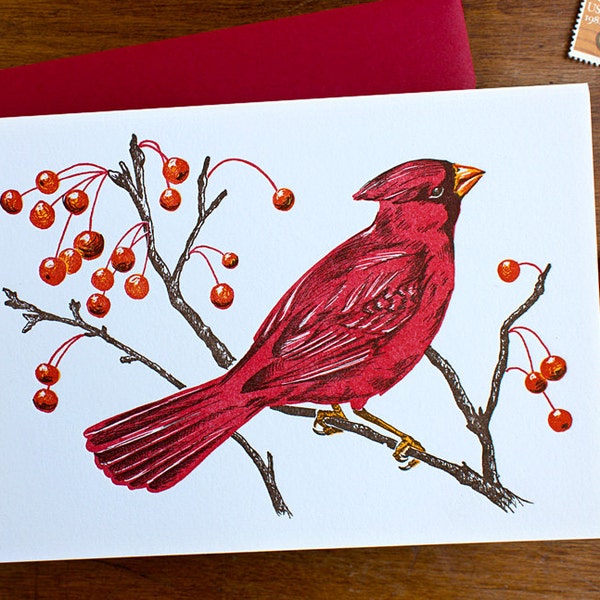 Winter Cardinal Card, Tree branches with berries  -  Letterpress Christmas Card, Holiday Card - Red bird in snow