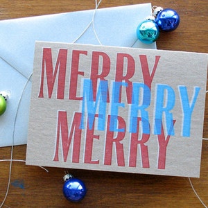 Merry Christmas Card - Simple design - Block Letter, Red, Blue, Silver - Vintage Wood Block Print - Printed by Hand