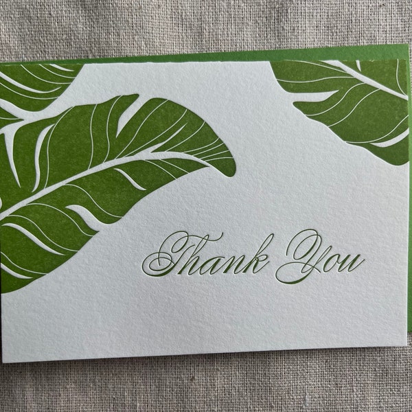 Green Palm Leaves Thank You Notes, Tropical Botanical Wedding or Summer Party Notes - Letterpress Printed