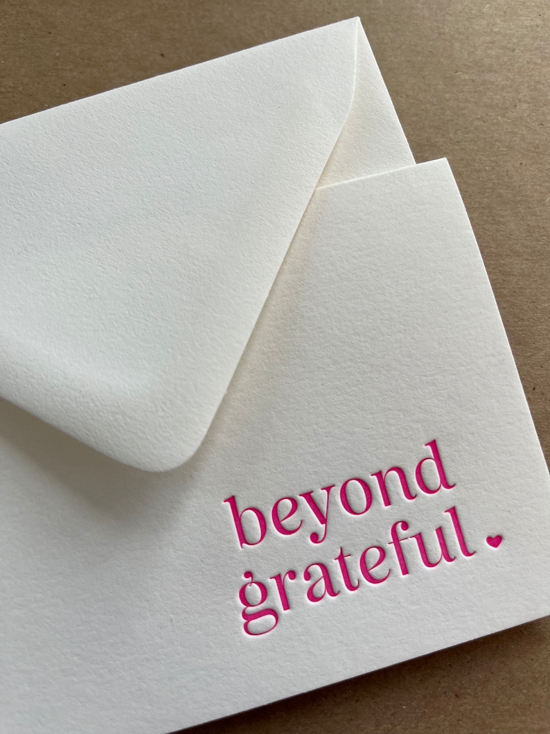 Unique Letterpress Thank You Card Beyond Grateful Gratitude Pink or Black and White Boxed Set of Six image 3