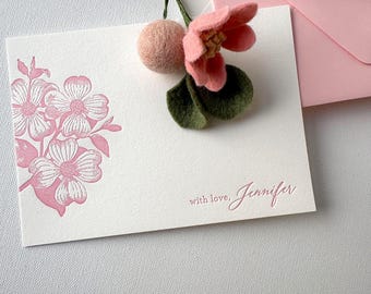 Personalized Pink Dogwood Note Cards - Fine Letterpress Stationery - Gift Ready Boxed Set