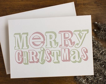 Funky Type Merry Christmas Card - Ilustración dibujada a mano - Diseño simple con tipografía de bloque grande - Impresión tipográfica