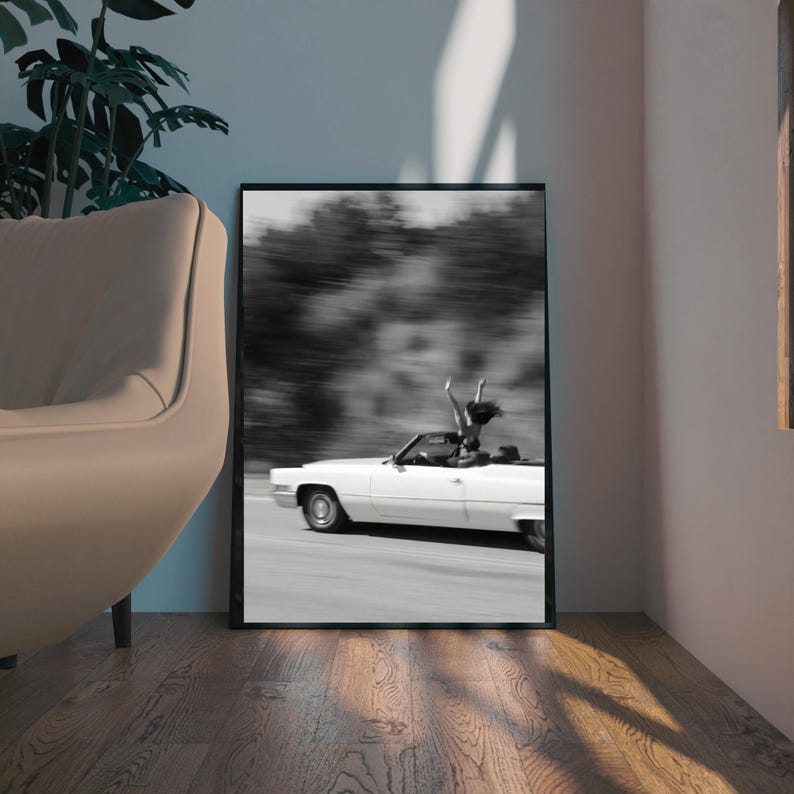 May include: Monochrome framed print depicting a white convertible car in motion, with a person standing up inside with arms raised. The background is blurred, suggesting speed. The print is displayed in a room with a chair and a plant.