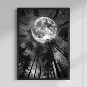 May include: A black and white framed wall art print featuring a low-angle view of tall, bare trees reaching toward a large, luminous full moon in the night sky. The composition captures the dark silhouettes of branches against a bright lunar surface.