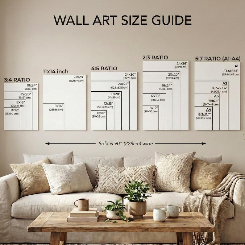 May include: Wall art size guide with dimensions in inches and centimeters, including 3:4, 11x14 inch, 4:5, 2:3, and 5:7 ratios. The guide shows sizes like 18x24 inches and 24x36 inches. The text also indicates that the sofa is 90 inches wide.