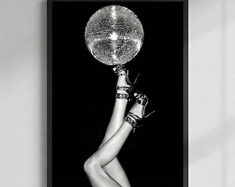 Disco Ball Legs Print, Black and White High Heels Wall Art, Trendy Party Poster, Baddie Aesthetic Decor, Bar Cart Art Digital Download